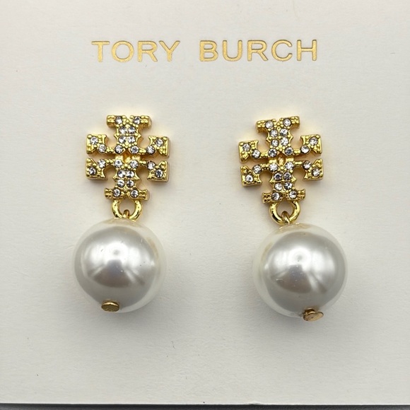 Tory Burch Kira Gold Tone and Crystal Pave Double T stud with Pearl drop - Picture 2 of 4